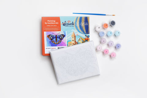 Paint by Numbers Kit with Stylish Fish Design, Mini 13 x 16 cm Canvas, Acrylic Paints and Brushes, Wizardi Beginner Art Set