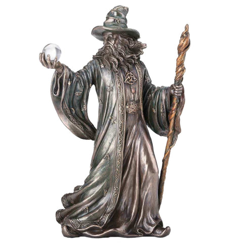 Merlin Wizard Bronze Resin Statue 20.5cm | Handmade Figurine, Made in Italy