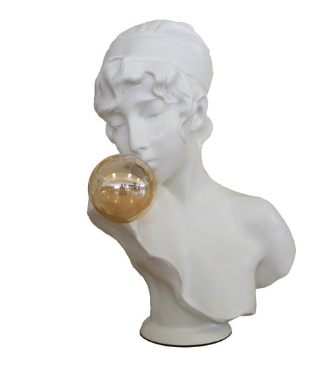 Girl Blowing Bubble Gum Statue - White Resin Sculpture, 53cm, Italian Made