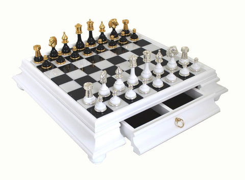 Luxury Brass & Wood Chess Set, Marble Board, Handmade in Italy, Storage Drawer