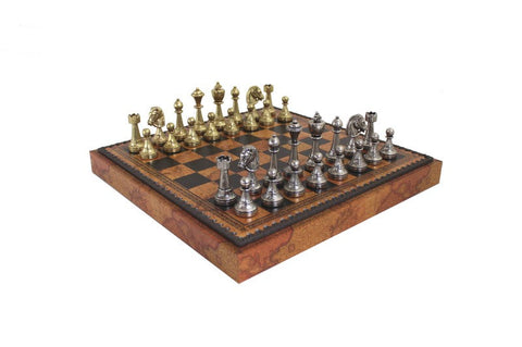 Italian Metal Chess Set with Faux Leather Board, Storage + Checkers & Backgammon