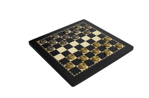 Wood Chess Board with Gold & Silver Metal Pieces + Checkers | Made in Italy