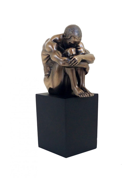 Bronze Resin Nude Seated Man on Cube Sculpture, Modern Art Statue, 12cm Italian