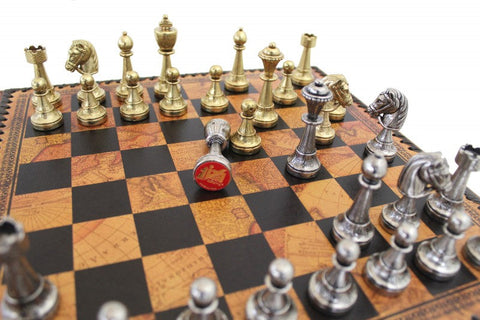 Italian Metal Chess Set with Faux Leather Board, Storage + Checkers & Backgammon