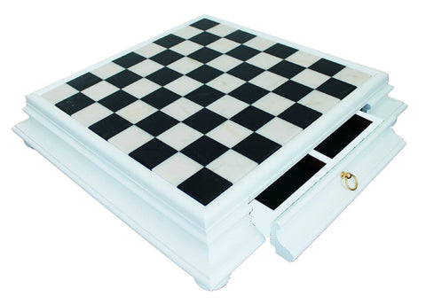 Luxury Brass & Wood Chess Set, Marble Board, Handmade in Italy, Storage Drawer