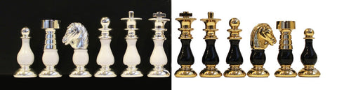 French Brass & Wood Chess Pieces Set, Gold/Silver Plated, King 7.5cm, Italy