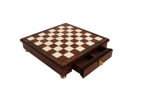 Glossy Handmade Elm Wood Chess Board with Drawer, 32cm, Made in Italy
