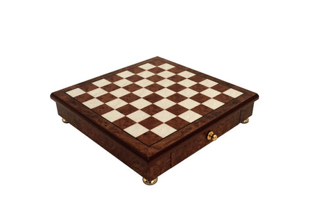 Glossy Handmade Elm Wood Chess Board with Drawer, 32cm, Made in Italy