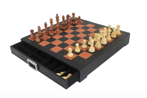 Handmade Wooden Chess Set, Leather Board with Drawer, Weighted, Italy