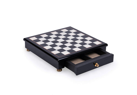 Handmade Black Wooden Chess Board with Storage Drawer, 32 cm, Made in Italy
