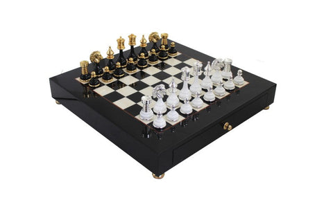 Luxury Gold/Silver Brass & Wood Chess Set, Handmade Italian Board with Drawer