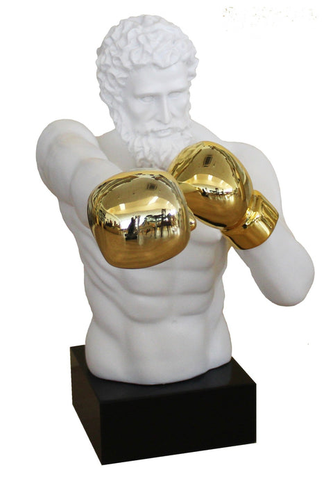 Large Boxer Statue White Resin on Black Marble Base, Handmade Italian Sculpture