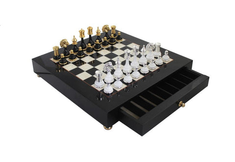 Luxury Gold/Silver Brass & Wood Chess Set, Handmade Italian Board with Drawer