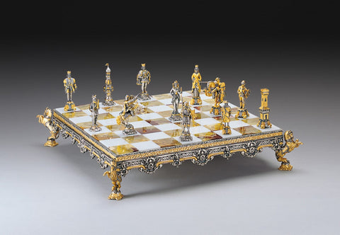 Medieval 24K Gold-Plated Bronze Chess Set, Onyx Board, Handmade in Italy