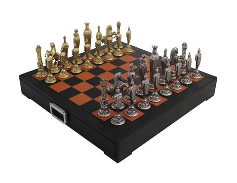 Renaissance Metal Chess Set, Gold & Silver Pieces, Leather Board, Drawer
