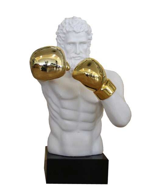 Large Boxer Statue White Resin on Black Marble Base, Handmade Italian Sculpture