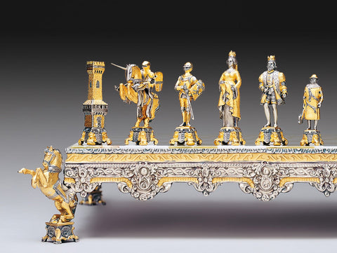 Medieval 24K Gold-Plated Bronze Chess Set, Onyx Board, Handmade in Italy