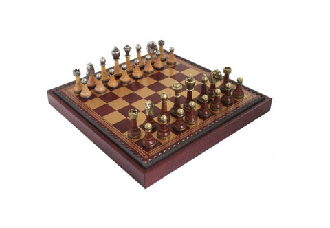 Italian Metal & Wood Chess Set, Faux Leather Board, Checkers & Backgammon