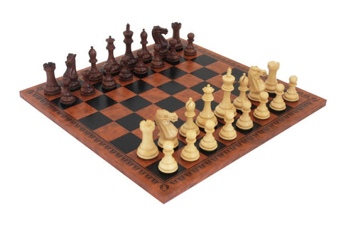 Mahogany Chess Set with Faux Leather Board, Handmade Weighted Pieces, Italy