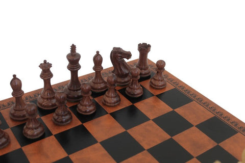 Mahogany Chess Set with Faux Leather Board, Handmade Weighted Pieces, Italy