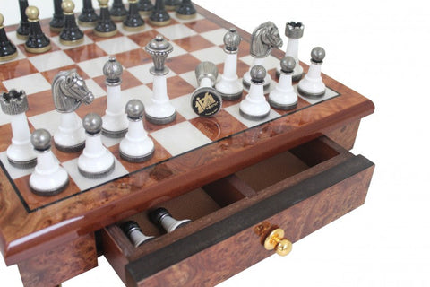 Handmade Metal & Wood Chess Set with Storage Drawer, 32cm Board, Made in Italy