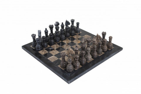Handmade Italian Black & Gray Marble Chess Set with Leather Case, 30cm