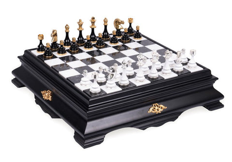 Luxury Handmade Chess Set, Brass & Wood Pieces, Marble Board with Drawer, Italy
