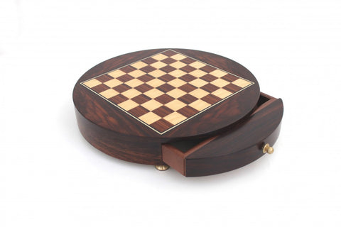 Glossy Round Mahogany Chess Board with Storage Drawer, 36.5 cm, Italy