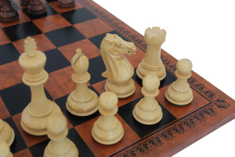 Mahogany Chess Set with Faux Leather Board, Handmade Weighted Pieces, Italy