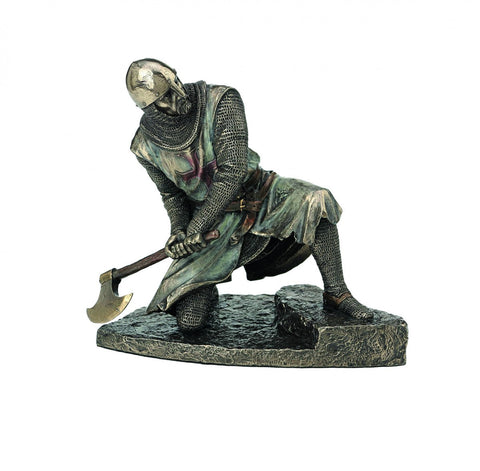 Medieval Crusader Knight Axe Statue, Bronze Resin Figurine, 18 cm Made in Italy