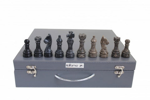Handmade Italian Black & Gray Marble Chess Set with Leather Case, 30cm