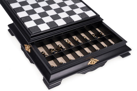 Luxury Handmade Chess Set, Brass & Wood Pieces, Marble Board with Drawer, Italy