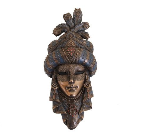 Venetian Turban Mask – Bronze Resin Wall Decor, Handmade in Italy, 14x32 cm