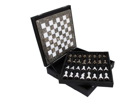 Luxury Handmade Gray & White Marble Chess Set with Leather Case, 30cm, Italian
