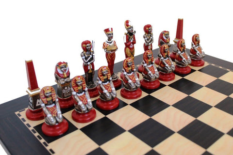 Egyptian Metal Chess Set, Handmade, Ebony-Style Wood Board, Made in Italy