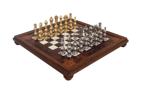 Handcrafted Metal Chess Set with Elm Wood Board, Gold & Silver, Made in Italy