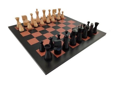 Wooden Chess Set with Real Leather Board, Handmade in Italy, 44cm
