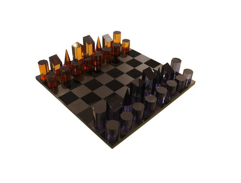 Made in Italy Acrylic Chess Set, Geometric Pieces, Black/Orange