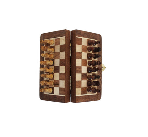 Mini Magnetic Wooden Travel Chess Set, Folding Board 13.5cm, Handmade Italy
