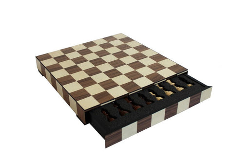 Handmade Walnut Maple Wooden Chess Set with Pieces & Storage, 36cm, Italy