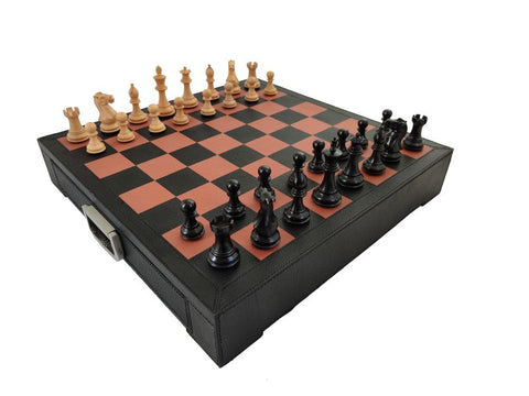 Italian Handmade Luxury Leather Chess Set, Wooden Weighted Pieces with Drawer