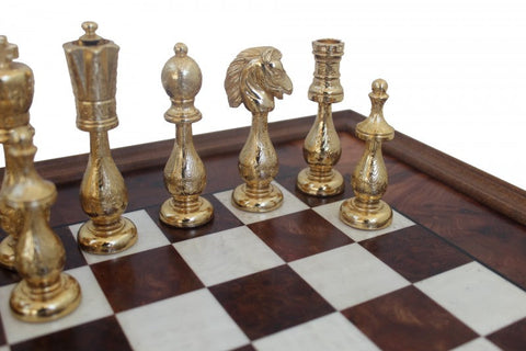 Handcrafted Metal Chess Set with Elm Wood Board, Gold & Silver, Made in Italy