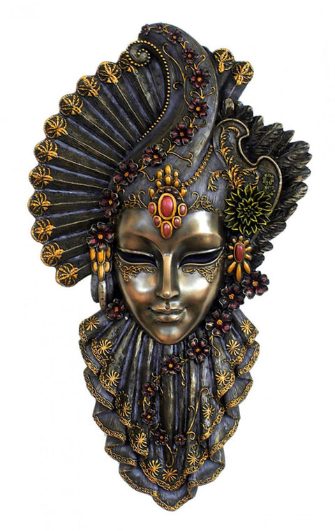 Venetian Mask Wall Decor in Bronze Resin, Handmade in Italy, 18x32cm