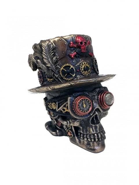 Steampunk Skull Statue with Top Hat, Bronze Resin, 10cm, Hand-Finished