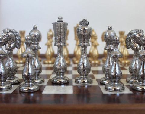 Handcrafted Metal Chess Set with Elm Wood Board, Gold & Silver, Made in Italy