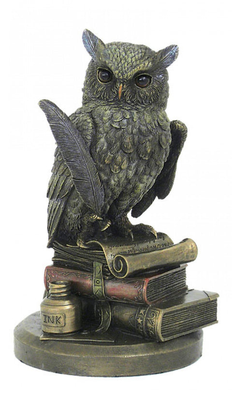 Bronze Owl on Books Statue – Resin Figurine, Wisdom Decor, 22cm, Italy, Gift