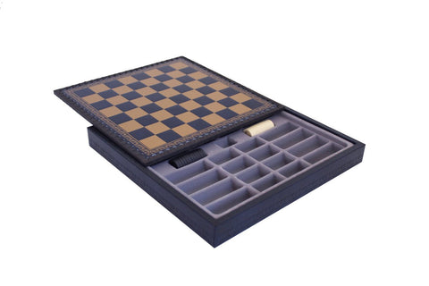 Gold Blue Faux Leather Chess Board with Storage Box, 28x28 cm, Italy