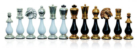 Handmade Brass & Wood Chess Pieces Set, Black White, 10cm King, Made in Italy