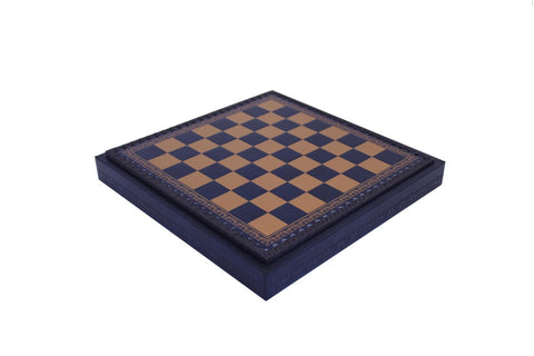 Gold Blue Faux Leather Chess Board with Storage Box, 28x28 cm, Italy