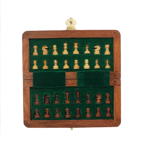 Mini Magnetic Wooden Travel Chess Set, Folding Board 13.5cm, Handmade Italy